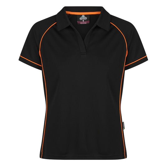A black Aussie Pacific Endeavour ladies polo shirt with orange contrast piping and a V-neck collar.