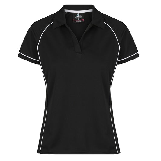 A black and white Aussie Pacific Endeavour ladies polo shirt with contrast piping at the raglan, side panel, and sleeve cuff, displayed on a plain background.