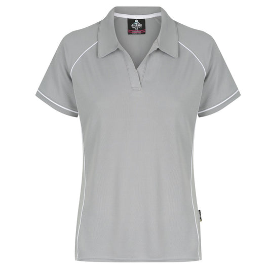 A silver and white colored Aussie Pacific Endeavour ladies polo shirt with contrast piping and a V-neck collar.