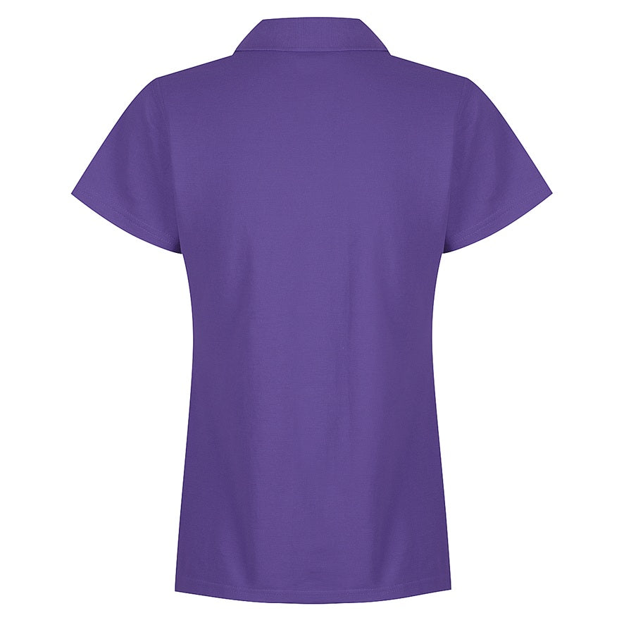 A purple Aussie Pacific N2312 Hunter ladies polo shirt with short sleeves, a collar, and buttons at the neck. - Back