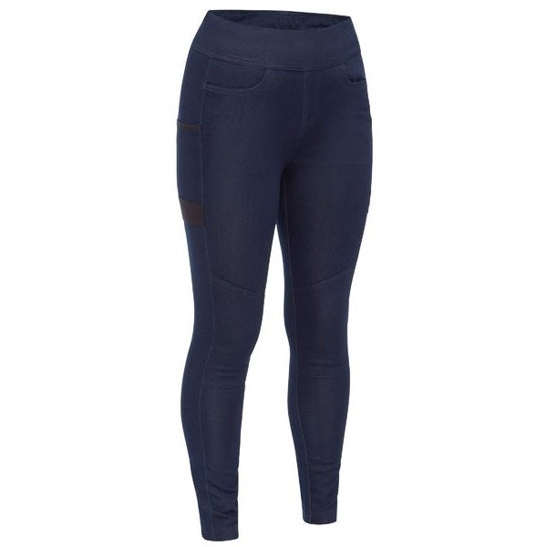 A pair of navy-colored Bisley women's jeggings with an elastic waistband, functional front pockets, and a design suitable for workwear.