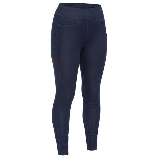 A pair of navy-colored Bisley women's jeggings with an elastic waistband, functional front pockets, and a design suitable for workwear.