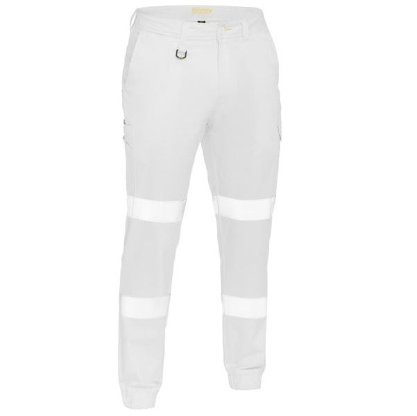 Bisley BPC6028T Taped Biomotion Stretch Cotton Drill Cargo Reflective White Work Pants - Front view