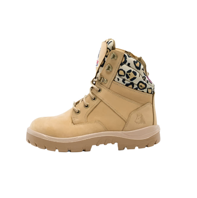 Steel Blue 522761 Southern Cross Nitrile Outsole Zip Women's Work Safety Boots - Side View  - Jungle pattern and beige colour