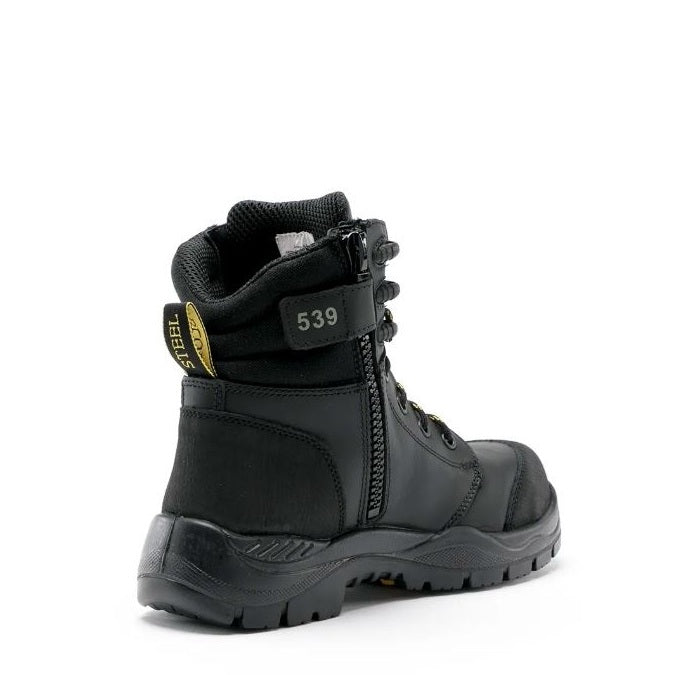 Black safety boot with a visible brand logo on a white background