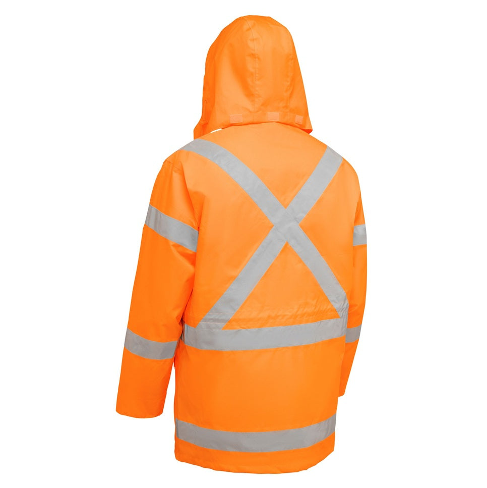 Orange safety jacket with reflective stripes on a white background