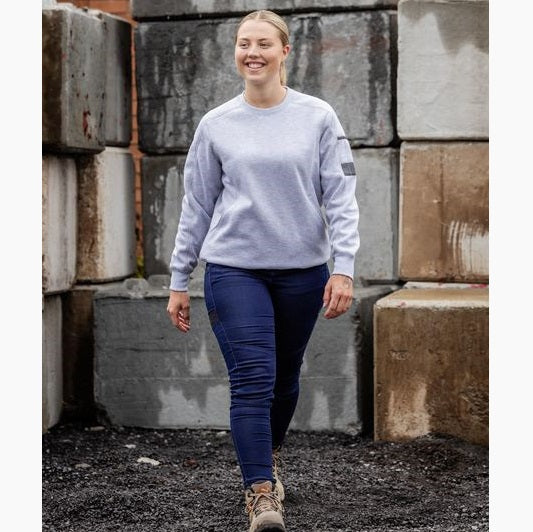 A woman wearing a grey Bisley crew neck fleece jumper with long sleeves Bisley BKL6723 Womens Fleece Crew Neck Jumper in Gray colour