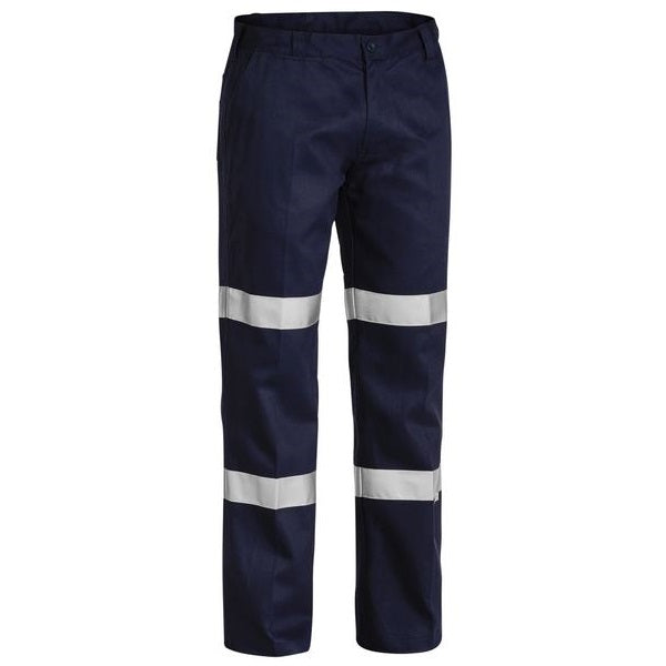 Bisley Men's Navy work pants with 3M reflective taped double 'Hoop' pattern around the legs, featuring multiple pockets and a YKK branded zip front fly.