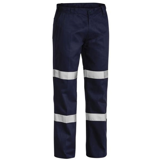 Bisley Men's Navy work pants with 3M reflective taped double 'Hoop' pattern around the legs, featuring multiple pockets and a YKK branded zip front fly.