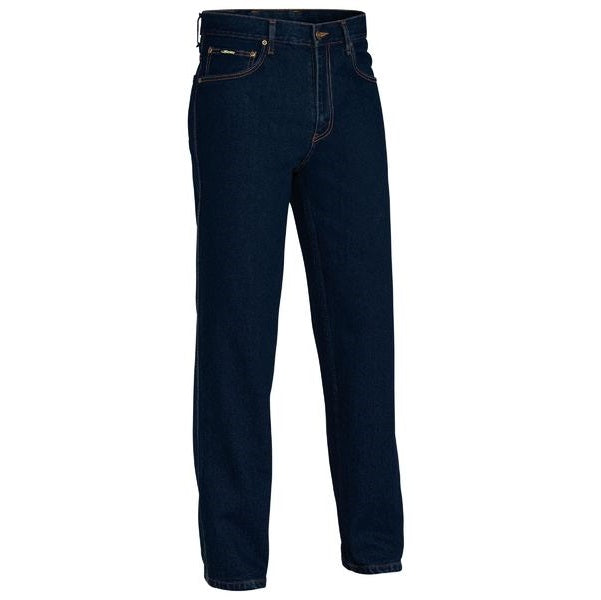 A pair of Bisley BP6050 Rough Rider Denim Jeans in blue color with a front view showcasing the pockets and the zipper.