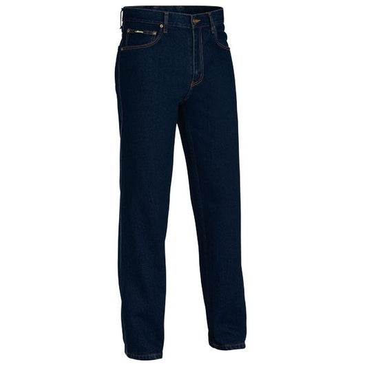 A pair of Bisley BP6050 Rough Rider Denim Jeans in blue color with a front view showcasing the pockets and the zipper.
