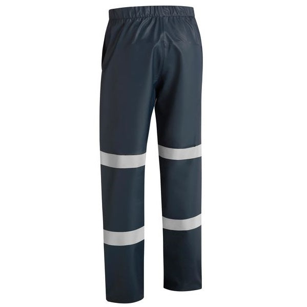 Navy Bisley BP6936T Taped Stretch PU Rain Pant with reflective white stripes, waterproof - Back view