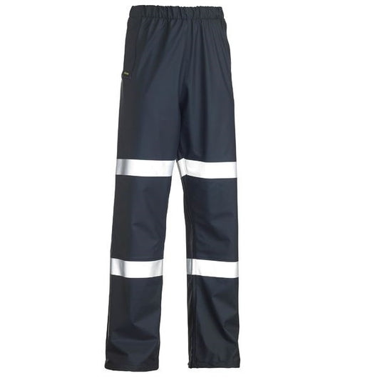 Navy Bisley BP6936T Taped Stretch PU Rain Pant with reflective white stripes, waterproof - Front view