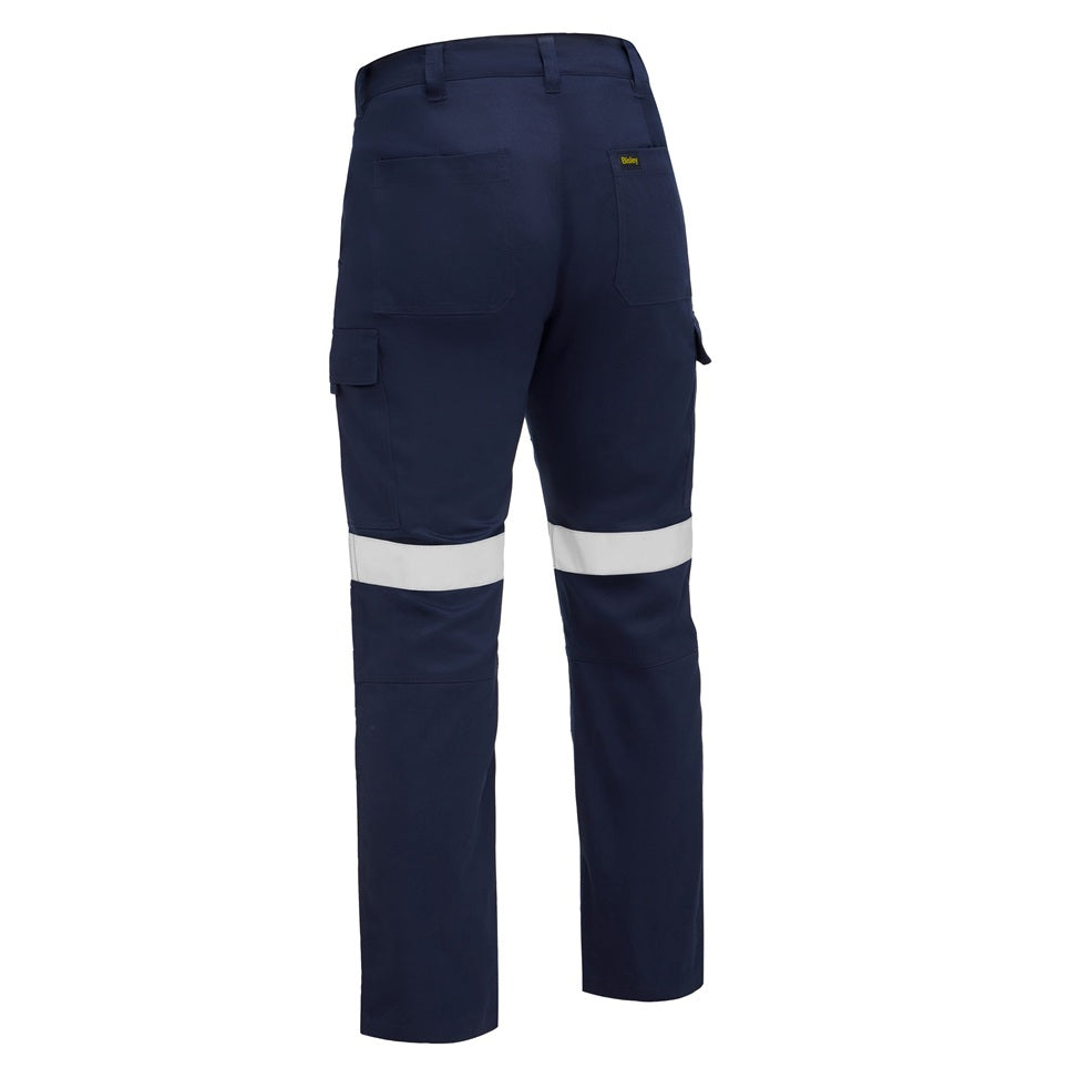 Navy work pants with reflective stripes on a white background
