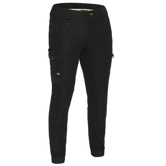 A pair of Bisley Flex&Move stretch denim cargo pants with cuffed style and multiple pockets.
