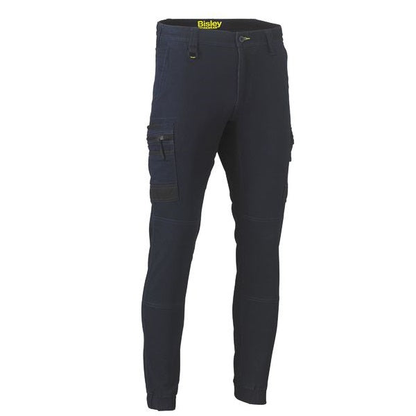 A pair of Bisley Flex&Move stretch denim cargo pants with cuffed style and multiple pockets.