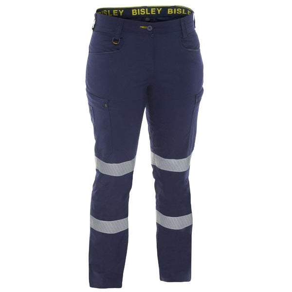 Navy Bisley cargo pants with reflective white tape on the legs, featuring multiple pockets and a branded elastic band at the waist.
