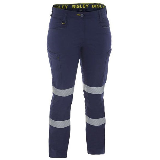 Navy Bisley cargo pants with reflective white tape on the legs, featuring multiple pockets and a branded elastic band at the waist.