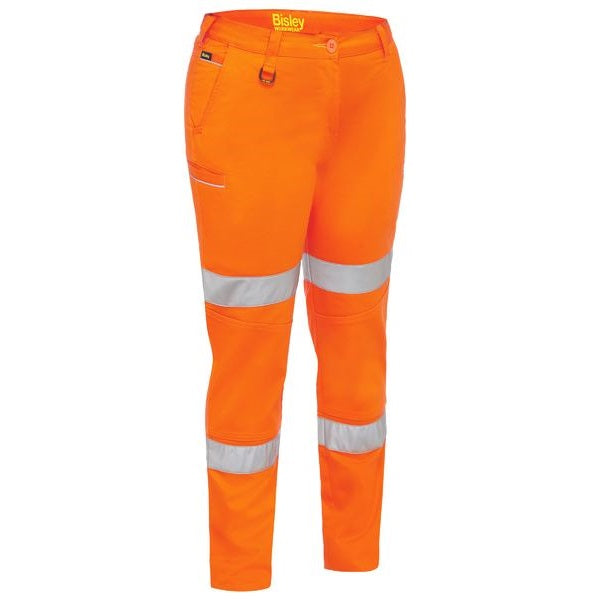 Hi Vis Orange Bisley work pants for women with reflective white taped 'Hoop' pattern around the legs, multiple pockets, and a yellow button.