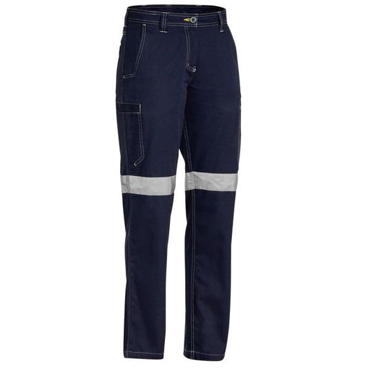 Women's Navy blue Bisley cargo work pants with reflective white tape around the legs, featuring multiple pockets and a mid-waist rise.
