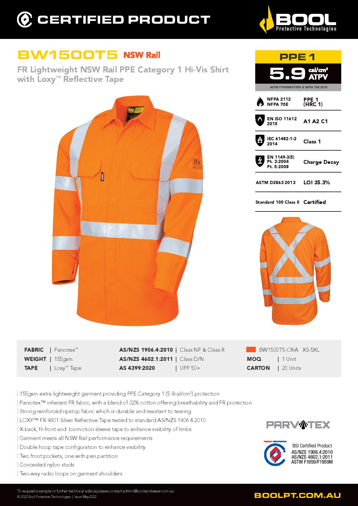 Bool BW1500T5 Lightweight PPE1 Shirt with Loxy™ FR Reflective Tape