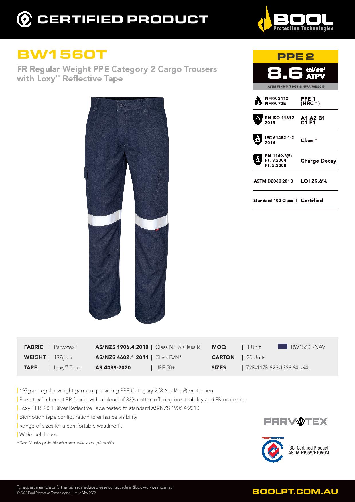 Bool BW1560T Regular Weight PPE2 FR Cargo Trouser with Loxy™ Reflective Tape