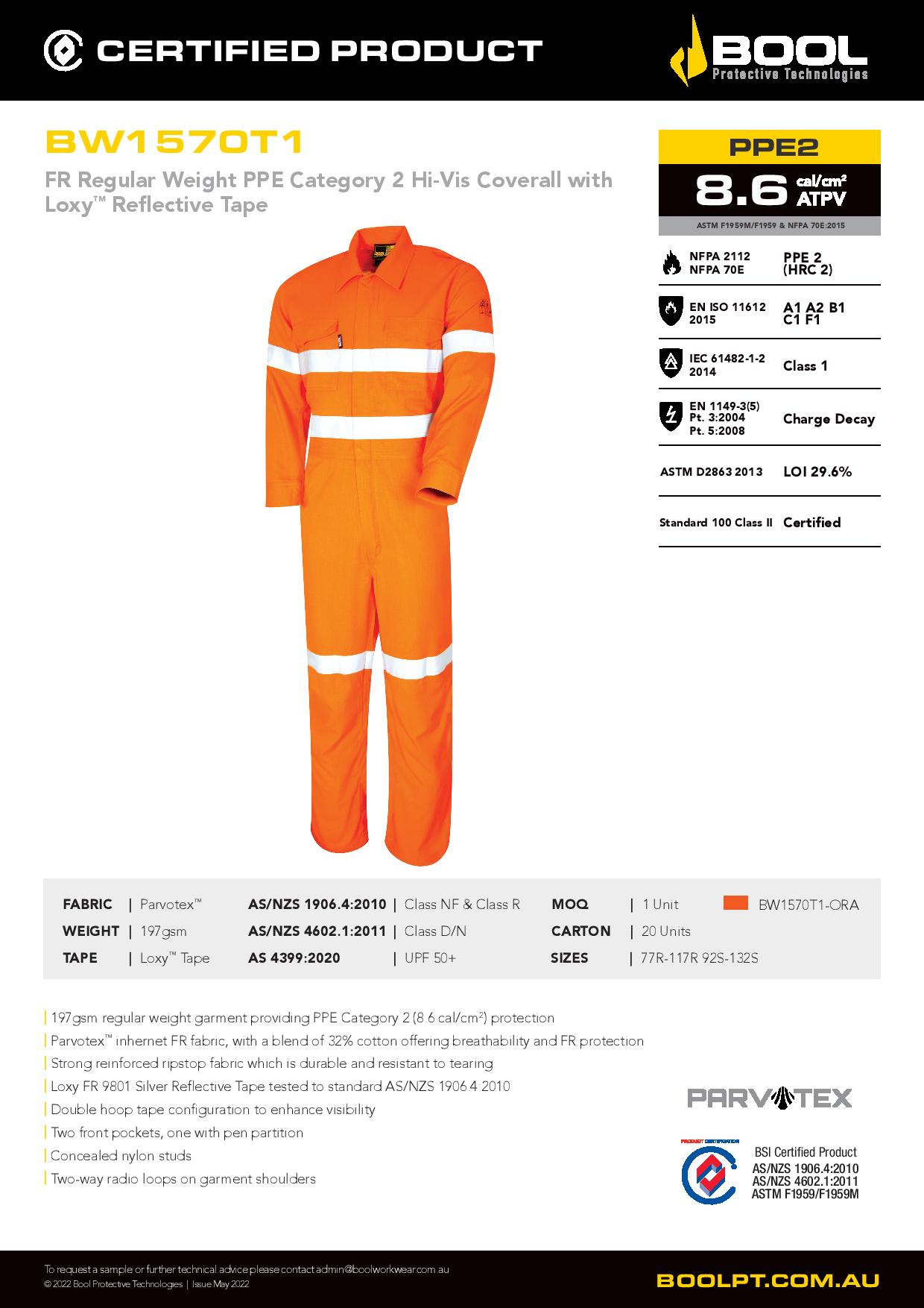 Bool BW1570T1 Regular Weight PPE2 Coverall with Loxy™ Reflective Tape