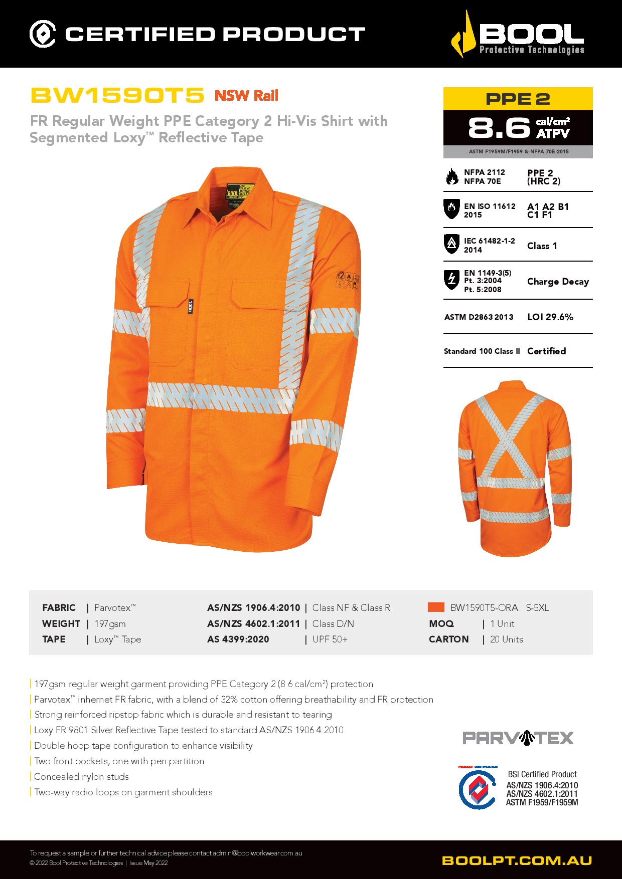 Bool BW1590T5 Reg Weight PPE2 FR Shirt with Segmented Loxy™ FR Reflective Tape