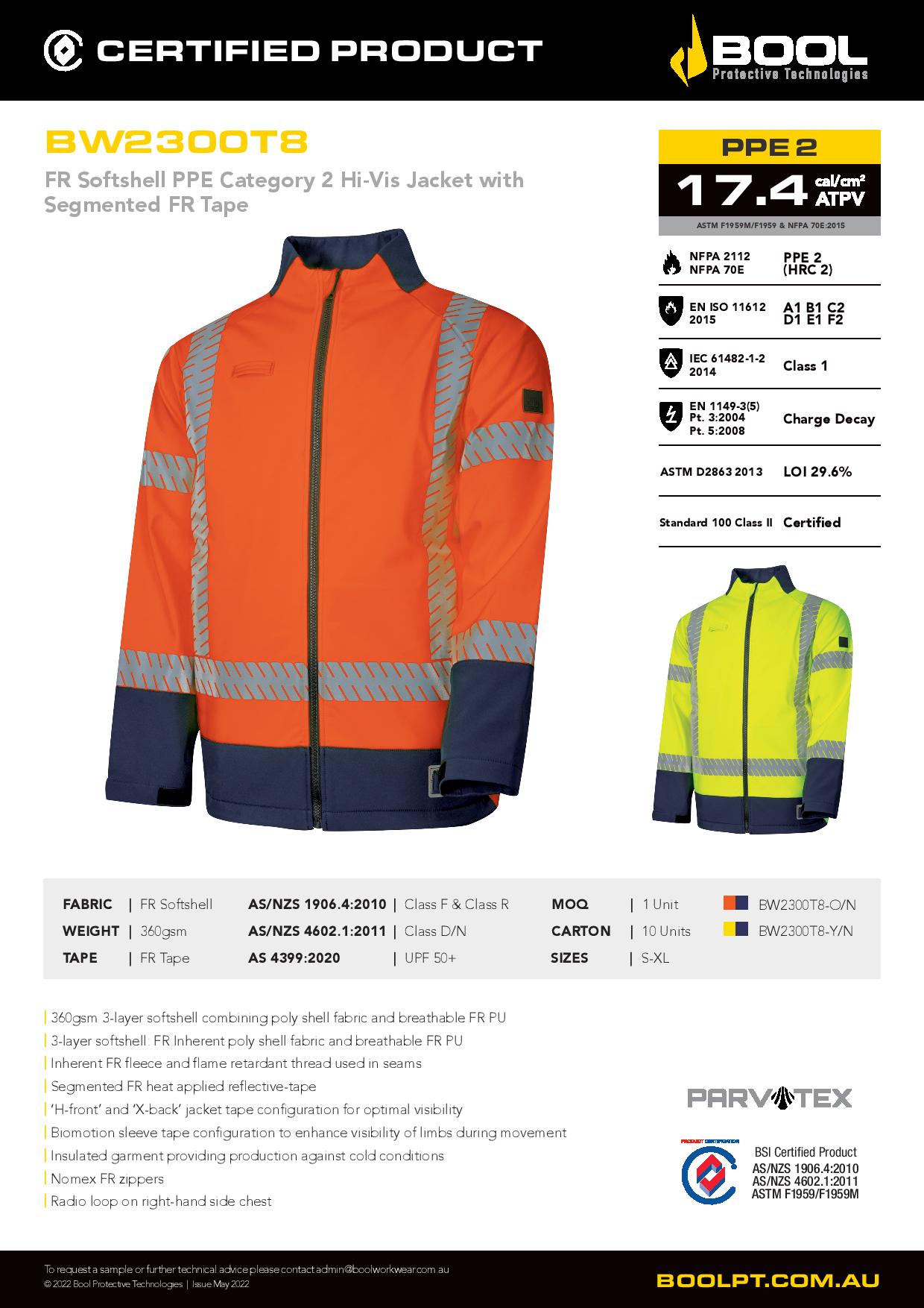Bool BW2300T8 HiVis PPE2 Softshell Jacket with Segmented FR Reflective Tape