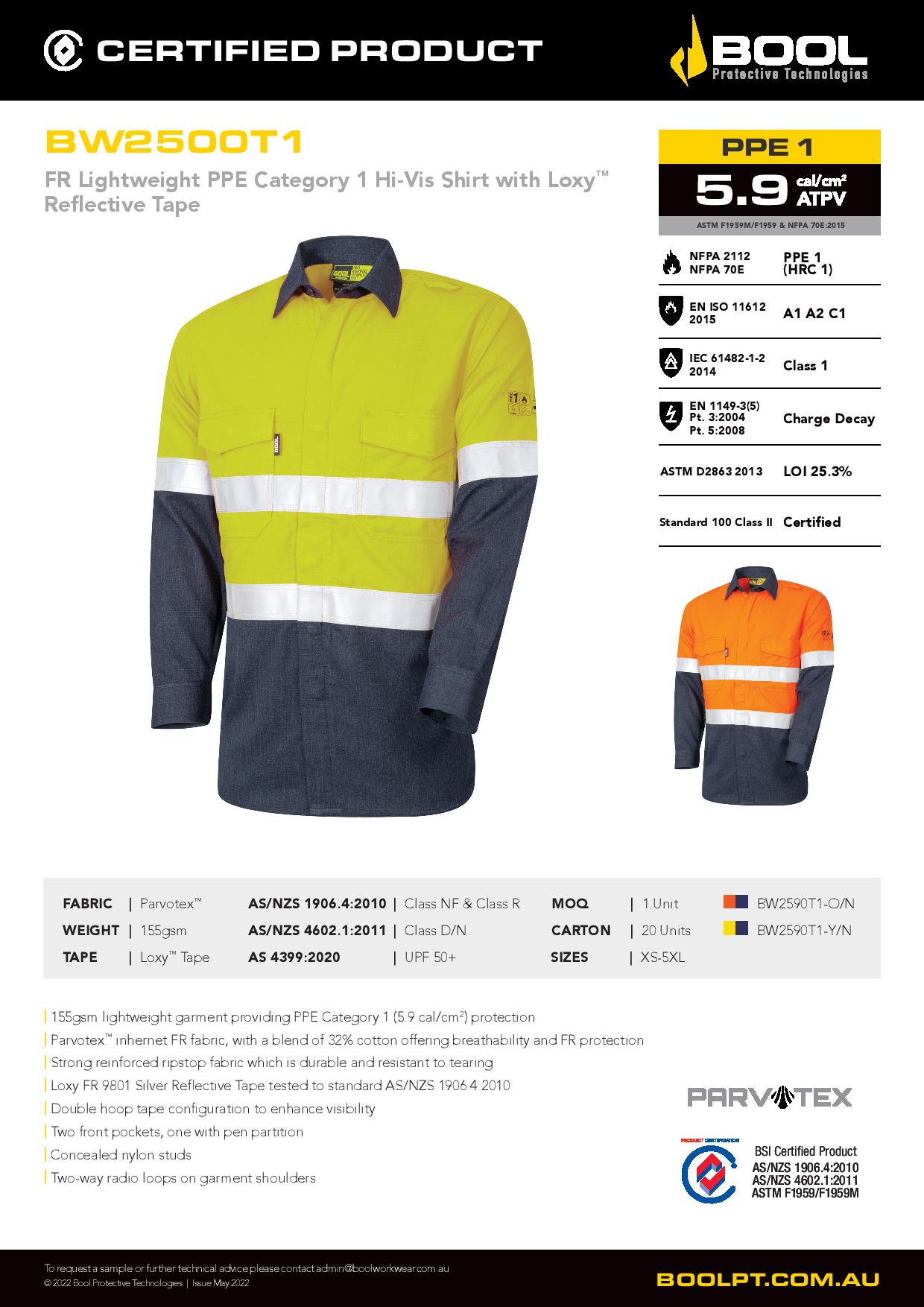 Bool BW2500T1 Lightweight PPE1 Two Tone FR Shirt with Loxy™ Reflective Tape
