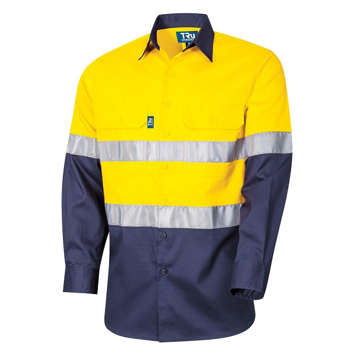 Tru Workwear DS2112T1 Regular Weight L/S Cotton Hi-Vis Shirt With Reflective Tape