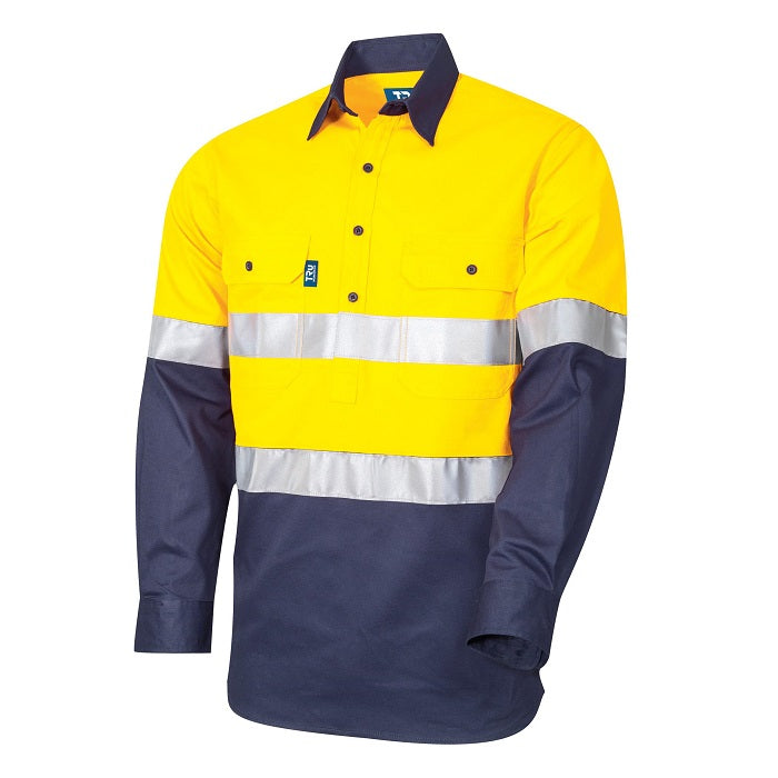 Tru Workwear DS2114T1 Regular Weight L/S Cotton Closed Front Hi-Vis Shirt With Reflective Tape