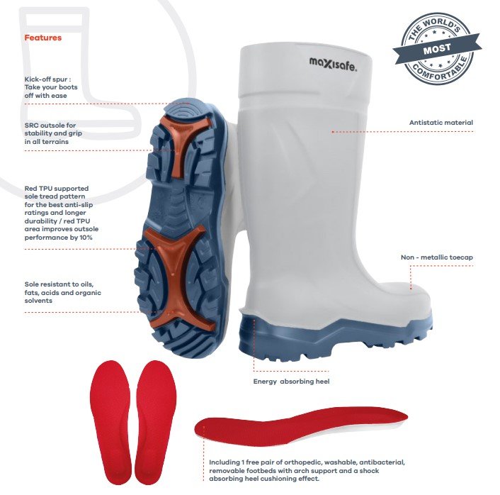 Maxisafe FWS806 XtremeGrip White Polyurethane Safety Gumboots - Comp Cap
