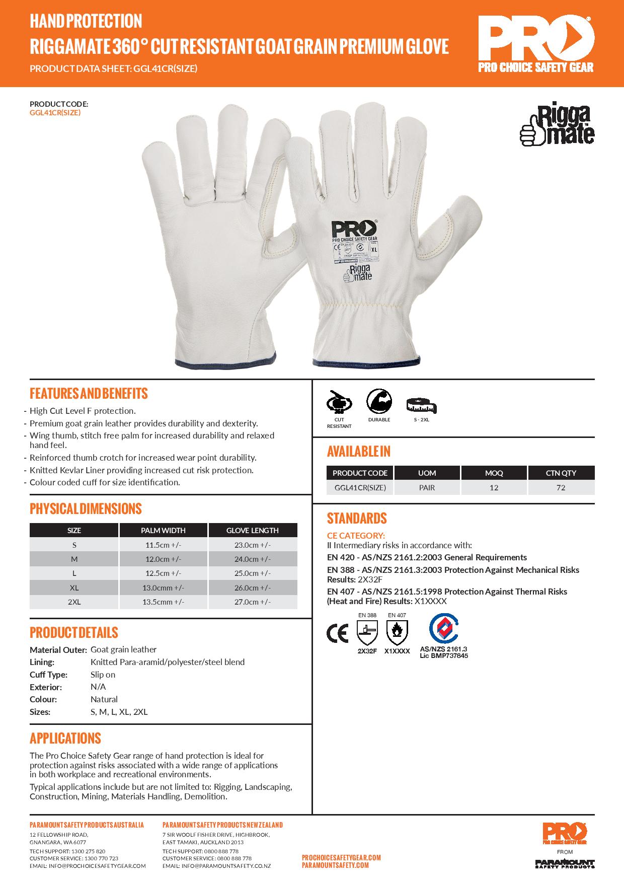 Pro Choice GGL41CR Riggamate Cut Resistant Goat Grain Premium Glove