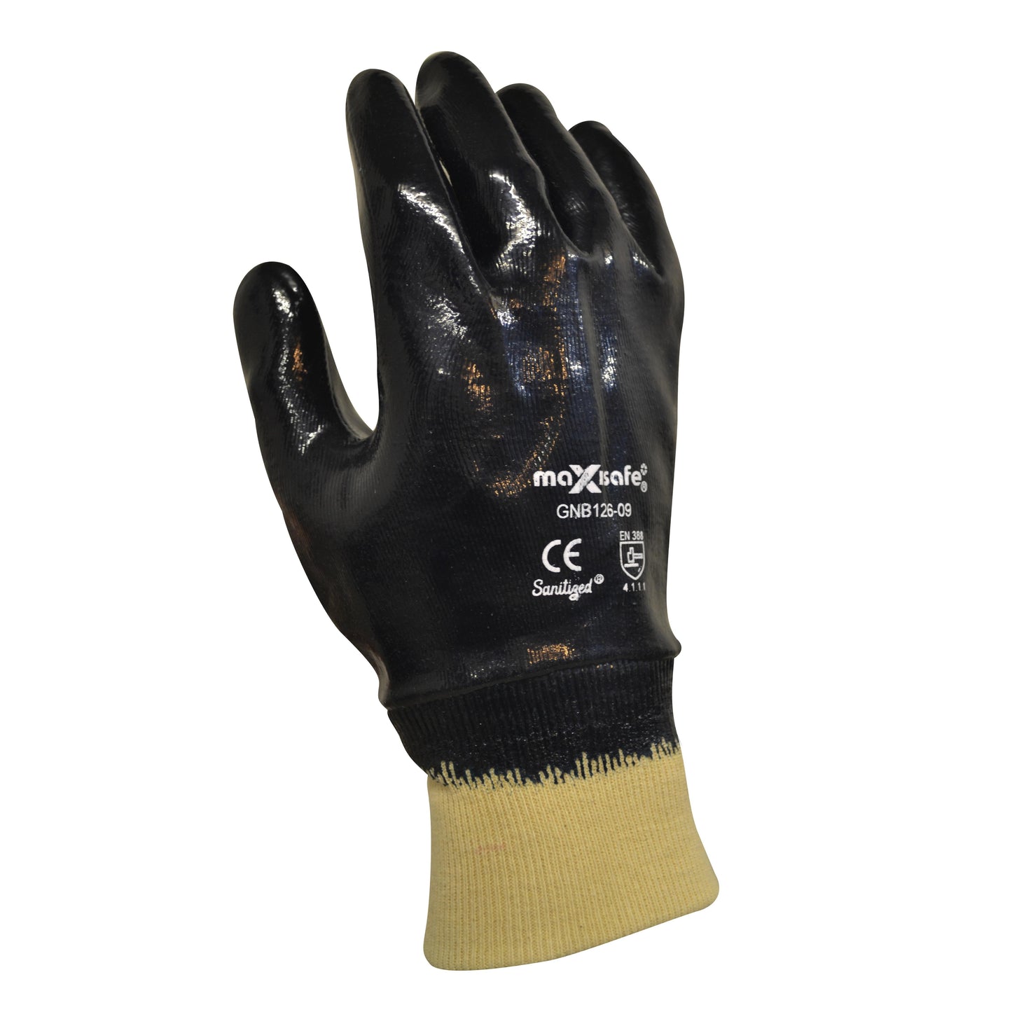 Maxisafe GNB126 Blue Knight Fully Coated Nitrile Glove - Black/Beige - Back-of-Hand View