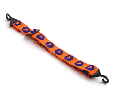 Orange and black chin strap with blue print pattern on a white background