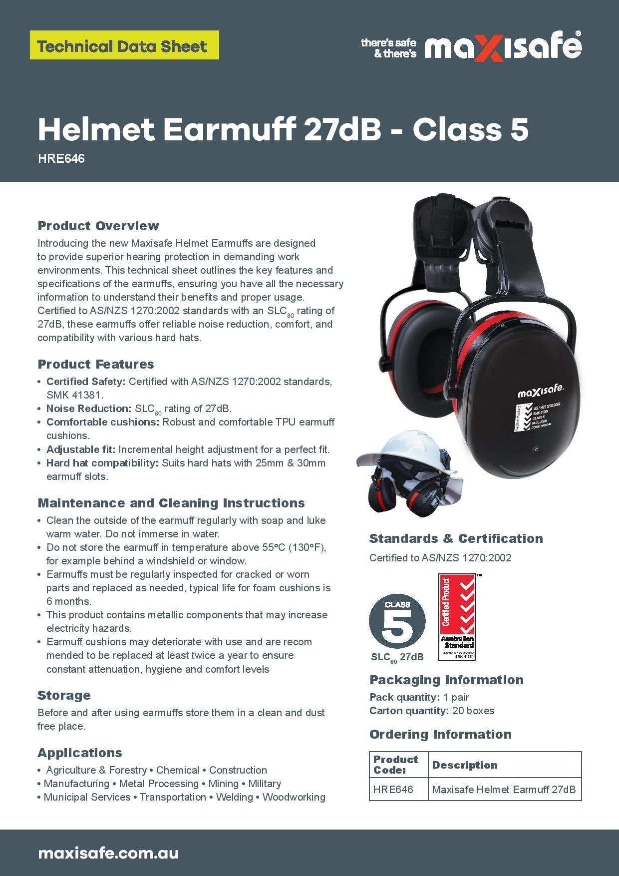 Maxisafe HRE646 Helmet Earmuff 27dB - Class 5