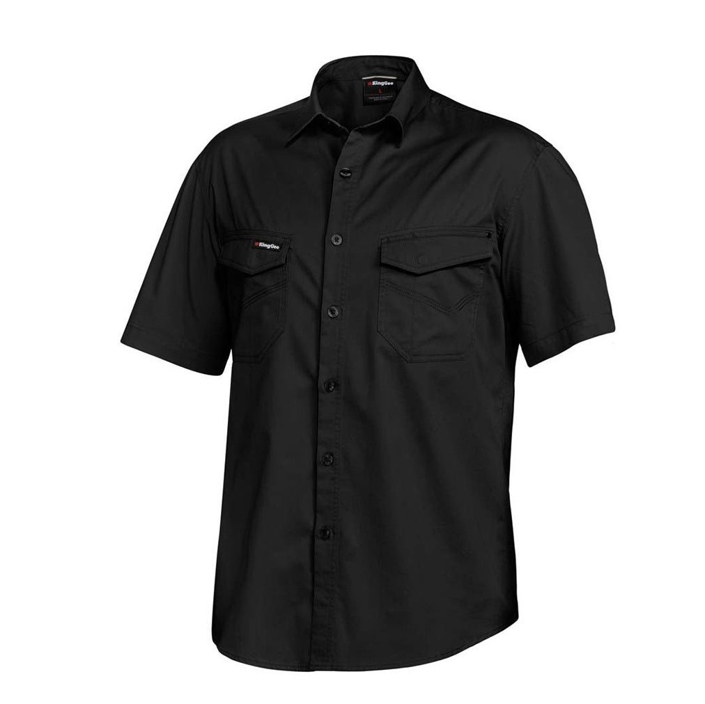 Black short-sleeve shirt with two pockets on a white background