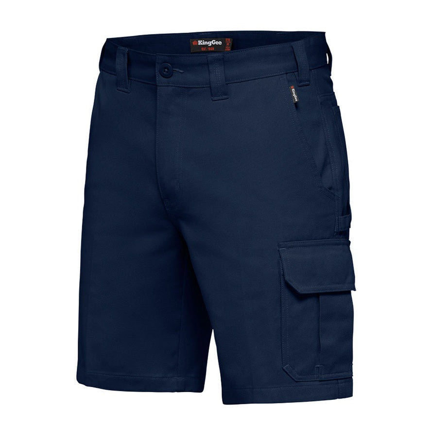 Navy blue cargo shorts on a white background