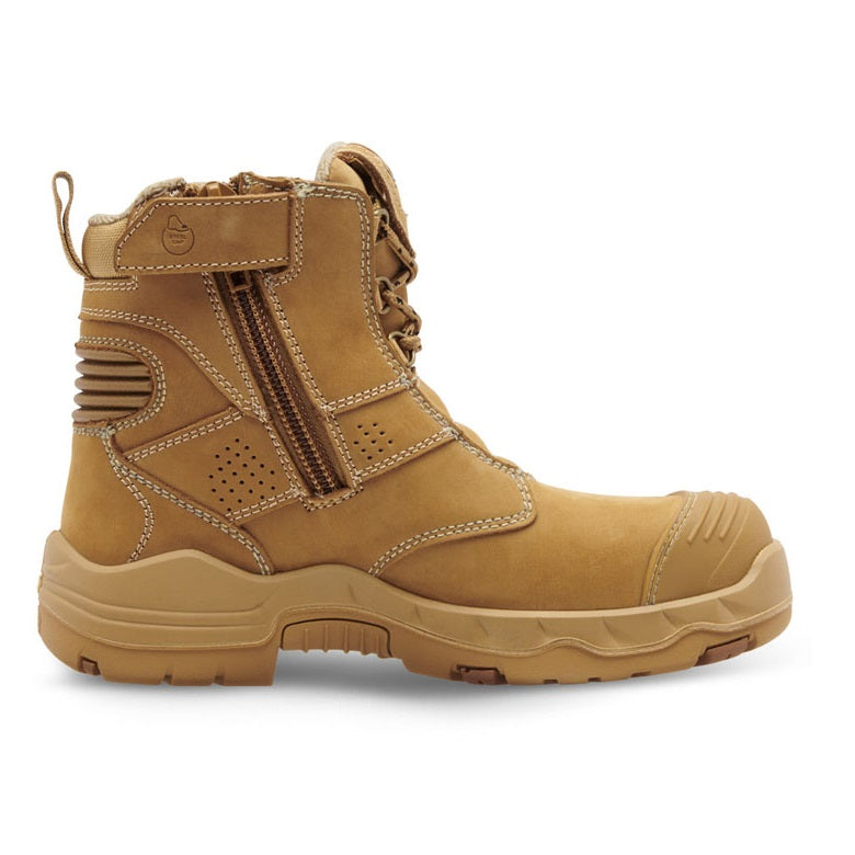 A wheat-colored, zip-sided KingGee work boot designed for women, featuring a steel toe cap and a reflective grip sole.