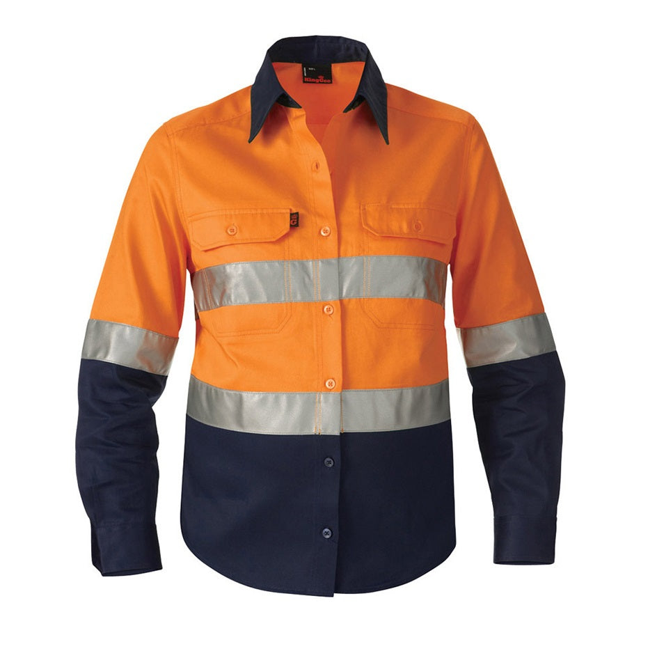 KingGee K44532 Ladies HiVis Reflective Spliced Drill Long Sleeve Shirt