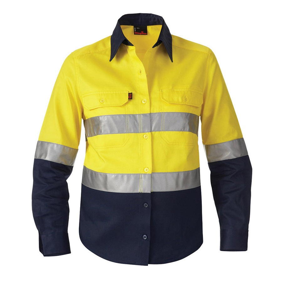 KingGee K44532 Ladies HiVis Reflective Spliced Drill Shirt L/S