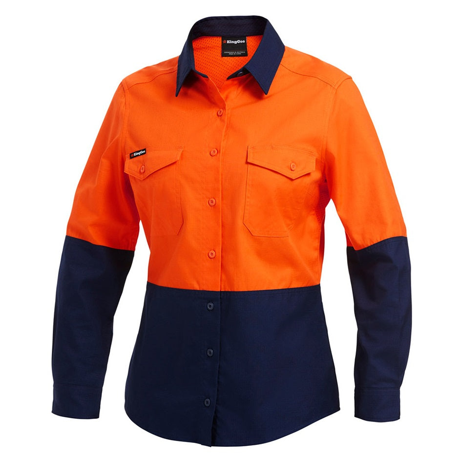 KingGee K44543 Ladies Workcool 2 HiVis Reflective Spliced Long Sleeve Shirt