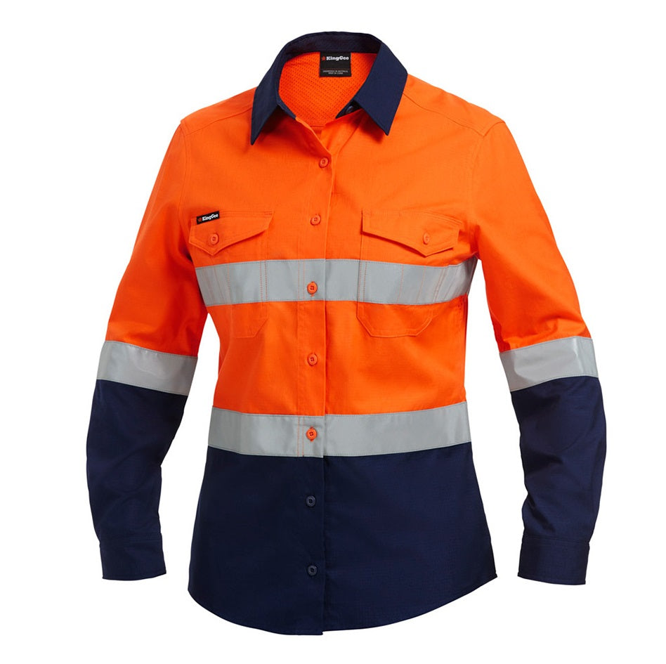 Orange and navy shirt with reflective tape on white background