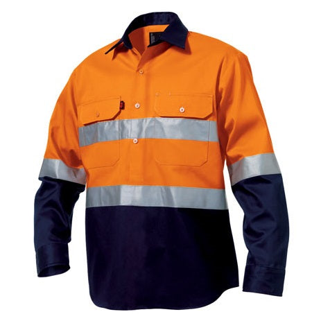 KingGee K54325 HiVis Closed Front Reflective Spliced Drill Long Sleeve Shirt