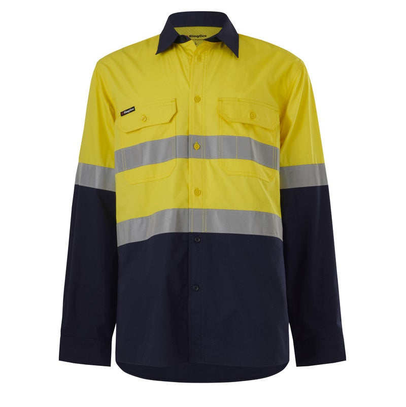 A long sleeve, spliced shirt with reflective tape on the sleeves, designed for workwear, primarily yellow and navy in color.