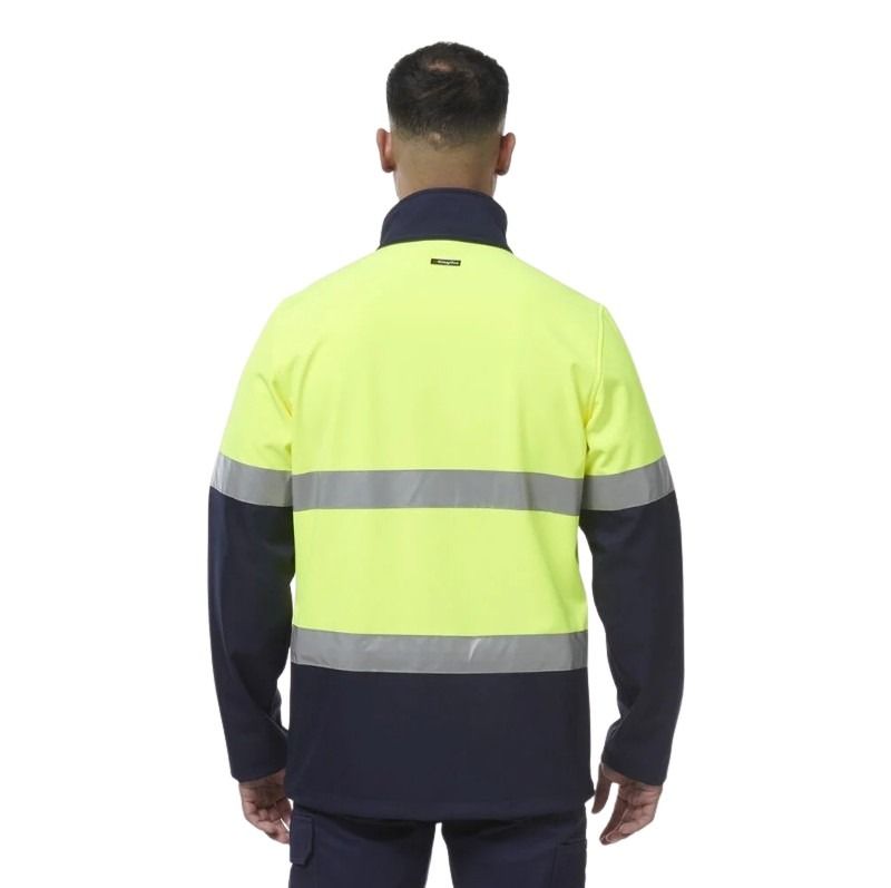 Person wearing a high-visibility jacket with reflective stripes on a white background
