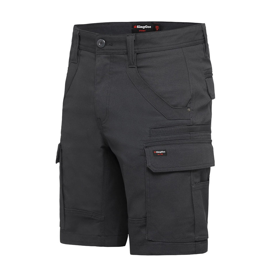 A pair of black KingGee K69870 Tradies Utility Cargo Shorts with multiple pockets.
