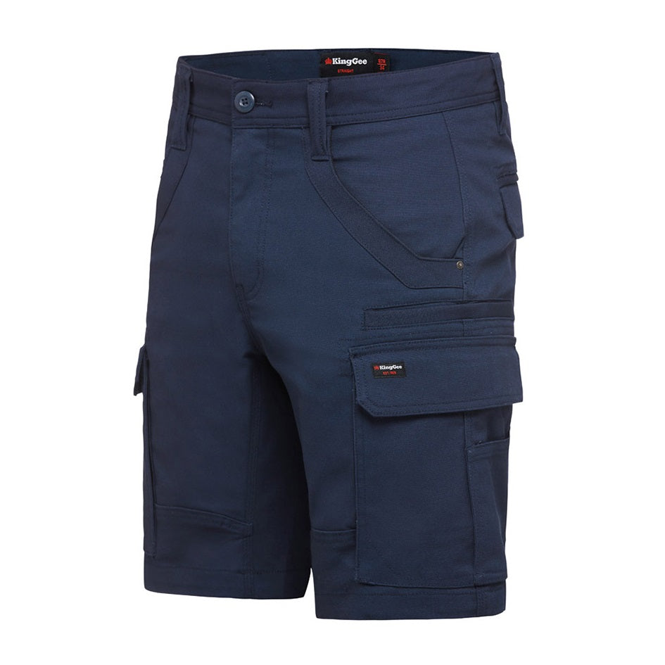 A pair of black KingGee K69870 Tradies Utility Cargo Shorts with multiple pockets.