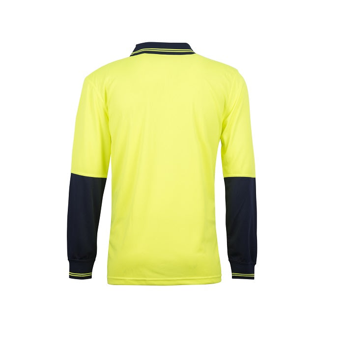 Workcraft WSP206 HiVis 2-Tone Food Yellow and Navy Colour Industry Long Sleeve Micromesh Polo with no Pocket or Buttons - Back view